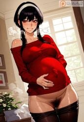 1girls ai_generated big_breasts breasts female_pubic_hair no_panties pregnant pussy_juice red_eyes short_hair solo spy_x_family waifu4u2 watermark