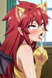 1girls ai_generated blush cat_ears cum cum_in_mouth cum_inside indoors light-skinned_female light_skin long_hair open_mouth red_eyes red_hair setogaya_mari wings