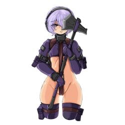 arm_pouch arm_strap axe breasts crop_top crotch_strap doekuramori eyebrows female female_focus gloves gluteal_fold hair_between_eyes headgear holding holding_axe holding_weapon looking_at_viewer martyr_(the_citadel) matching_hair/eyes official_art one_eye_covered open_mouth pouch purple_eyes purple_gloves purple_hair short_hair small_breasts solo solo_focus teeth the_citadel the_martyr thigh_pouch thigh_strap thighhighs tomboy transparent_background weapon