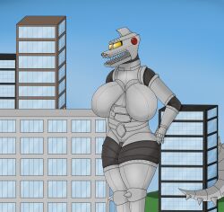 absurd_res anthro arm_resting armor big_breasts breasts city female genitals glowing glowing_eyes godzilla_(series) hairless hi_res huge_breasts kaiju lizard machine mechagodzilla metallic_body not_furry nude onyxmeow pussy reptile robot sagging_breasts scalie solo standing tail thick_thighs toho wide_hips yellow_eyes