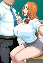 1boy ai_generated bleach breasts cleavage female huge_breasts inoue_orihime large_breasts smile