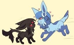 2022 animal_genitalia bloowolfy duo eeveelution espeon fan_character female feral feral_only generation_2_pokemon genitals hi_res infatuation male nintendo penis pokemon pokemon_(species) pussy roleplay sheath simple_background yellow_background