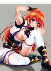 absurdres areolae armpits belt black_gloves black_panties blue_eyes blush boots breasts breasts_out cyclone female gloves highres large_breasts long_hair looking_at_viewer lyrical_nanoha mahou_senki_lyrical_nanoha_force mahou_shoujo_lyrical_nanoha mahou_shoujo_lyrical_nanoha_strikers nipples open_clothes open_mouth orange_hair panties sitting smile solo sweat teana_lanster thighhighs underwear white_legwear