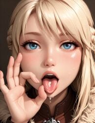 1girls ai_generated astrid_hofferson blonde blonde_female blonde_hair blonde_hair_female blue_eyes dreamworks fellatio_gesture female female_only how_to_train_your_dragon light-skinned_female light_skin long_hair semen_in_mouth solo solo_female tongue_out woman