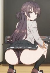 1girls ai_generated black_hair black_panties black_socks cancelled_ai_artwork civitai female half_updo hands_on_knees jacket long_hair looking_at_viewer looking_back purple_eyes shoes skirt smile upskirt