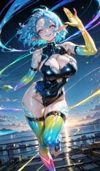 1elf 1female 1girls ai_generated ass athletic athletic_female blue_hair breasts elf elf_ears elf_female elf_futanari elf_girl fantasy female female_only mature mature_female mature_woman nipples pose science_fiction space suit yellow_eyes