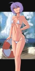 ahoge bellybutton bikini black_border bow_bikini collarbone doekuramori eyebrows female female_focus hair_between_eyes hand_on_own_hip holding_lifebuoy lifebuoy looking_at_viewer martyr_(the_citadel) navel official_art open_mouth outdoors small_breasts sole_female solo solo_focus standing the_citadel the_martyr upper_teeth_only white_background