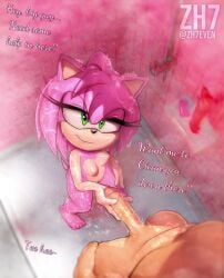 amy_rose breasts dialogue feet furry grabbing_penis green_eyes human_on_anthro naughty_face nipples nude penis pussy shower smile sonic_(series) sonic_the_hedgehog_(series) wet zh7even