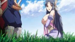 1boy 1girls afraid after_paizuri blue_sky breasts breasts_out breasts_out_of_clothes censored censored_penis clothed_female clothed_male clothed_male_clothed_female cloud dark_blue_hair gigantic_breasts grass hand_bra huge_breasts hyper_breasts kyonyuu_fantasy lactation long_hair long_hair_female majin_(company) majin_label married_woman massive_breasts mature_female nipples penis rokusaanu_do_dejiiru ryuuto_henge scared_female screencap