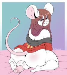 anthro ass balls big_butt biped bottomless brown_hair clothed clothing eyelashes femboy genitals hair kneeling looking_at_viewer looking_back male mammal mouse murid murine nightfaux penis pupils rodent simple_background smile solo thick_thighs three-quarter_view white_body