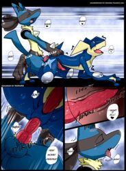 anal anal_sex anus blue_balls colored comic duo edit english_text erection fur gaping gaping_anus greninja heart highres kivwolf knot lucario male nintendo outdoors penetration penis pokemon pokemon_(species) red_eyes redoxx sex shocked testicles text yaoi