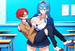 1boy ai_generated breast_grab breasts cleavage female huge_breasts large_breasts long_hair school_uniform size_difference smile