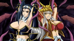 2girls angry armor arms_above_head blue_hair bondage breasts cleavage clenched_teeth femsub grey_hair headband japanese_armor japanese_clothes kenshin_uesugi long_hair midriff multiple_girls multiple_subs open_mouth restrained scar sengoku_otome takeda_shingen tentacle uesugi_kenshin