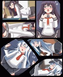 1boy akatsuki_(kantai_collection) animated bent_over black_eyes black_hair black_legwear blush bouncing_breasts breasts female futon hangaku hat heart heart-shaped_pupils hibiki_(kantai_collection) highres implied_sex kantai_collection long_hair offscreen_sex open_mouth out-of-frame_censoring pantyhose school_uniform serafuku sexually_suggestive silver_hair small_breasts solo_focus spread_legs symbol-shaped_pupils thighhighs zettai_ryouiki