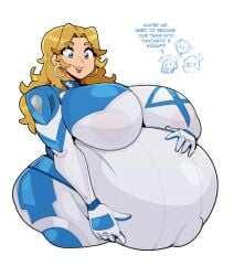 1girls bodysuit breasts cleavage female huge_belly huge_breasts hyper_belly hyper_pregnancy marvel_rivals pregnant ready_to_pop solo_focus speech_bubble sue_storm text zeruxu