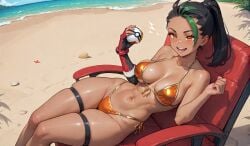 1girls abs ai_generated bare_arms bare_legs bare_shoulders bare_thighs big_breasts bikini bikini_bottom bikini_top black_hair clothed clothing female female_focus female_only fit_female game_freak large_breasts light-skinned_female light_skin long_hair muscles muscular muscular_female nemona_(pokemon) nintendo pokemon pokemon_sv pokemon_trainer solo solo_female thick_thighs