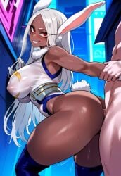 1boy1girl ai_generated alley big_ass big_breasts big_butt big_thighs blush blushing city dark-skinned_female dark_skin doggy_style grabbing_from_behind huge_breasts interracial jagat_ai light-skinned_male male/female mirko movement_lines my_hero_academia night nipple_bulge nipples_visible_through_clothing rumi_usagiyama see-through see-through_clothing see-through_top sex sex_from_behind smile straight sweat sweatdrop sweating