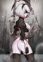 1girls ass black_dress black_legwear black_thighhighs blindfold blue_eyes breasts cleavage_cutout covered_eyes dress female female_only gloves hair_ornament hairband holding_sword holding_weapon large_breasts legwear leotard nier nier:_automata nipples pussy short_hair silver_hair solo sword thighhighs torn_clothes weapon white_hair yorha_2b