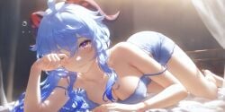 absurd_res ahoge ai_generated alternate_costume bare_arms bare_legs bare_shoulders barefoot bed bed_sheet blue_camisole blue_hair blue_pajamas blue_shorts blush breasts camisole cleavage closed_mouth collarbone covered_nipples curtains dolphin_shorts female full_body ganyu_(genshin_impact) genshin_impact goat_horns gradient_eyes hair_between_eyes horns indoors large_breasts light_particles long_hair looking_at_viewer low_ponytail lying medium_breasts ministro multicolored_eyes on_bed on_side on_stomach one_eye_closed purple_eyes rubbing_eyes short_shorts shorts sidelocks sleepwear sleepy solo spaghetti_strap strap_slip sunlight tearing_up tears thighs underwear waking_up wavy_hair white_camisole wiping_tears