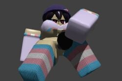 1girls beanie brown_eyes cosmichannah dark_hair female female_masturbation gloves hannah_(cosmichannah) heart-shaped_pupils masturbation roblox robloxian solo striped_thighhighs thighhighs transgender_pride_colors