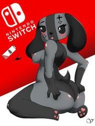 2017 anthro anus areola areolae ass battery blush breasts canine female female_only furry looking_at_viewer looking_back mammal nintendo nintendo_switch nipples pawpads simple_background slightly_chubby small_breasts solo speech_bubble switch_dog tongue tongue_out zzvinniezz