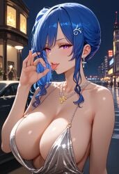 ai_generated asymmetrical_hair azur_lane backless_outfit bangs bare_shoulders blue_hair blush bracelet breasts building car city city_lights cityscape clavicle cleavage clothing dress earrings evening_gown eyebrows_visible_through_hair fellatio_gesture female female female_only ground_vehicle hair_between_eyes hair_ornament hairclip halter_dress halterneck high_resolution indoors jewelry lamppost large_breasts lips long_hair looking_at_viewer motor_vehicle nail_polish necklace night night_sky no_bra open-back_dress open_mouth outdoors parted_lips pink_eyes plunging_neckline ponytail purple_eyes revealing_clothes saliva saliva_trail sexually_suggestive shiny side_ponytail sideboob sidelocks silver_dress sky sleeveless sleeveless_dress smile solo st._louis_(azur_lane) st._louis_(luxurious_wheels)_(azur_lane) tied_hair tongue tongue_out upper_body vehicle yuyumiai