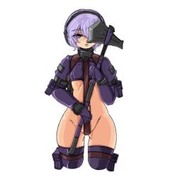 arm_pouch arm_strap axe breasts crop_top crotch_strap doekuramori eyebrows female female_focus gloves gluteal_fold hair_between_eyes headgear holding holding_axe holding_weapon looking_at_viewer martyr_(the_citadel) matching_hair/eyes official_art one_eye_covered open_mouth pouch purple_eyes purple_gloves purple_hair short_hair small_breasts solo solo_focus teeth the_citadel the_martyr thigh_pouch thigh_strap thighhighs transparent_background weapon