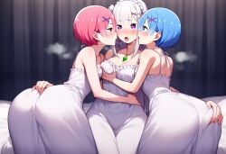 3girls ai_generated big_ass big_breasts big_butt blue_hair blush blushing_female blushing_profusely breasts_to_breasts breasts_touching breath bubble_ass bubble_butt cleavage dripping emilia_(re:zero) female female_only fff_threesome grabbing_another's_breast groping_breasts huge_ass incest kissing maid narrow_waist on_bed open_mouth pink_hair ram_(re:zero) re:zero_kara_hajimeru_isekai_seikatsu rem_(re:zero) saliva saliva_drip saliva_trail self_upload sisters sweatdrop sweating sweaty sweaty_body sweaty_breasts sweaty_butt thick_thighs tongue tongue_kiss wide_hips yeetyboi5000 yuri yuri yuri_incest