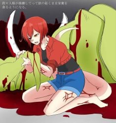 ae-3803 bad_id bad_pixiv_id belt black_sclera blood breasts cancer_cell_(hataraku_saibou) cannibalism claws corruption dead eating fangs female haruyo_sakuragi hataraku_saibou heterochromia jacket japanese_text monster monster_girl monsterification red_blood_cell_(hataraku_saibou) red_eyes red_hair sharp_teeth short_hair short_shorts shorts sitting tail transformation veins yellow_eyes