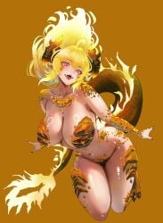 1girl blonde_hair breasts completely_nude covered_nipples dragon_girl dragon_horns dragon_tail english_commentary fangs glowing glowing_hair highres horns lainart large_breasts long_hair nude open_mouth orange_background rwby scales sharp_teeth solo tail teeth very_long_tail yang_xiao_long