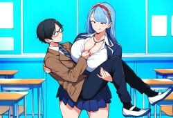 1boy ai_generated breast_grab breasts cleavage female huge_breasts large_breasts long_hair school_uniform size_difference smile