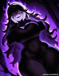 @_@ ahoge ai_generated alternate_breast_size balecxi black_dress curvy female hairband hands_on_own_cheeks hands_on_own_face hex_maniac hex_maniac_(pokemon) large_breasts long_dress long_hair looking_at_viewer patreon_username pokemon pokemon_xy purple_eyes smile solo wide_hips