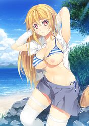 +_+ 1girls arms_up bag beach bikini bikini_lift blonde_hair blush breast_slip breasts chains day elbow_gloves female frown gloves handbag homura_k large_breasts leaf long_hair looking_at_viewer nipples o-ring_top ocean one_breast_out open_clothes open_shirt outdoors rock school_uniform schoolgirl shirt shokuhou_misaki side-tie_bikini skirt skirt_pull solo striped striped_bikini sweat swimsuit symbol-shaped_pupils teenage_girl teenager thighhighs to_aru_kagaku_no_railgun to_aru_majutsu_no_index tokiwadai_school_uniform underboob wardrobe_malfunction white_gloves white_legwear yellow_eyes young