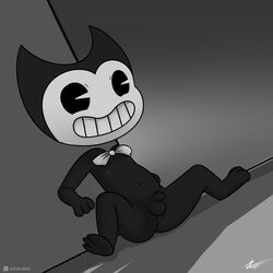 1boy 2017 anthro bendy bendy_and_the_ink_machine black_body cute dated demon happy humanoid looking_at_viewer male male_only mammal nipples penis presenting simple_background smile solo testicles young zekromlover