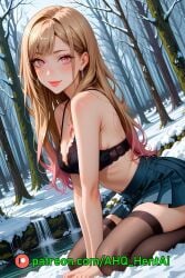 ahq_hentai ai_generated black_bra blush breasts forest gyaru kitagawa_marin my_dress_up_darling sitting skirt smile snow stable_diffusion stockings underwear