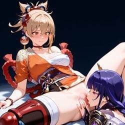 ai_generated cunnilingus genshin_impact oral pussy pussy_licking raiden_shogun yoimiya_(genshin_impact)