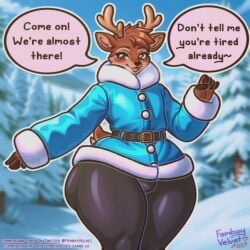 anthro bubble_butt bulge_through_clothing femboy femboyvelvet fully_clothed furry large_ass looking_at_viewer reindeer teasing thick_thighs wide_hips