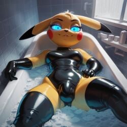 anthro bathroom bathtub bubble_bath bulge futanari gloves glowing_eyes latex pikachu pokemon rubber_clothing shortstack thighhighs