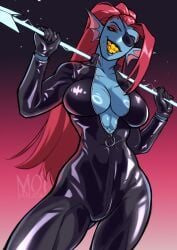 1girls abs blue_body blue_skin bodysuit clothed clothing color deltarune edit edited edited_image female female_focus female_only fit_female grin hi_res moiyablochki muscles muscular muscular_female no_bra photoshop red_hair scar sfw sfw_version solo solo_female tagme thick_thighs undertale_(series) undyne