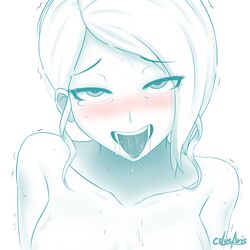 1girls ahe_gao blush breasts cslucaris eye_contact female female_only half-closed_eyes heavy_breathing looking_at_viewer milf open_mouth partially_colored rwby saliva sketch smile solo sweat tears text tongue tongue_out topless trembling watermark wet willow_schnee