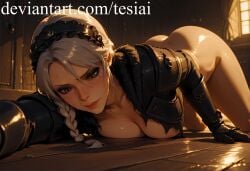 ai_generated ass ass_up braid breasts cd_projekt_red ciri female light-skinned_female mascara solo tesiai the_witcher_(series) the_witcher_4 watermark white_hair yellow_eyes