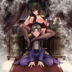 1boy 1girls areolae blue_eyes blush bondage book boy breasts breasts_out brown_hair chair choker corset desk female femdom frown fukuro_(sarastya) gloves hat heshikiri_hasebe kneeling lamp large_breasts leash long_hair looking_at_viewer malesub nipples purple_eyes shoes short_hair sitting smile thighhighs touken_ranbu uniform window wrist_cuffs