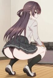 1girls ai_generated ass_shake bending_over black_hair black_panties black_socks bouncing_ass cancelled_ai_artwork civitai female grin half_updo hands_on_knees jacket long_hair looking_at_viewer looking_back purple_eyes shoes skirt smile