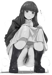 1girls anal_hair anus anus_peek bar_censor blush boots bottomless censor_bar censored clothing dress dress_lift excessive_pubic_hair female female_only fern_(sousou_no_frieren) greyscale hairy_anus long_hair monochrome pubic_hair pussy sousou_no_frieren squatting steam steaming_body x4824