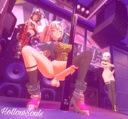 3futas anby_demara black_hair blush cat_ears catgirl crouching cum cum_on_penis erect_penis futanari hand_on_penis headphones hollowsouls hoyoverse intersex looking_down looking_pleasured mostly_clothed nekomiya_mana nicole_demara pink_hair speakers stripper_pole watermark zenless_zone_zero