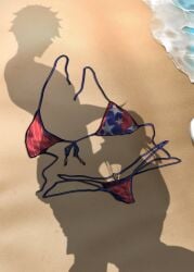 1boy 1girls absurd_res american_flag_bikini american_flag_print beach deepthroat fate/grand_order fate_(series) fujimaru_ritsuka_(male) hand_on_head kneeling miyamoto_musashi_(fate) miyamoto_musashi_(swimsuit_berserker) official_alternate_costume owner_(artist) sand seaside shadow silhouette straight swimsuit swimsuit_removed water