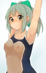 alternate_costume areolae arm_behind_head arm_grab arm_up armpits bare_arms blush bow breasts brown_eyes female fishnet_swimsuit fishnets green_hair hairbow kantai_collection looking_at_viewer medium_breasts nipples one-piece_swimsuit ponytail revealing_clothes see-through short_hair sikutogurei_(kunugi_miyaco) swimsuit tied_hair upper_body yuubari_(kantai_collection)