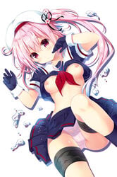 beret black_gloves blue_hair blush breasts cameltoe female gloves gradient_hair harusame_(kantai_collection) hat kantai_collection kino_(kino_konomi) long_hair looking_at_viewer lying medium_breasts multicolored_hair nipples no_bra on_back panties pantyshot pink_eyes pink_hair pink_panties school_uniform serafuku shirt_lift side_ponytail simple_background skirt solo thigh_strap underwear white_background