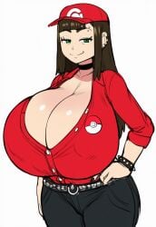 ai_generated baseball_cap big_breasts big_hips breasts brown_hair bursting_breasts green_eyes grey_impact_(style) hips huge_breasts jeans lubbasdump massive_breasts milf nerina_(lubbasdump) older_female pokemon pokemon_trainer smirk smug