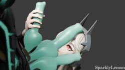 3d canine_genitalia canine_penis cerberus_(fortnite) epic_games fortnite fortnite:_battle_royale knot lexa_(fortnite) looking_at_partner looking_up penis_grab penis_on_face red_eyes sparklylemon watermark white_hair